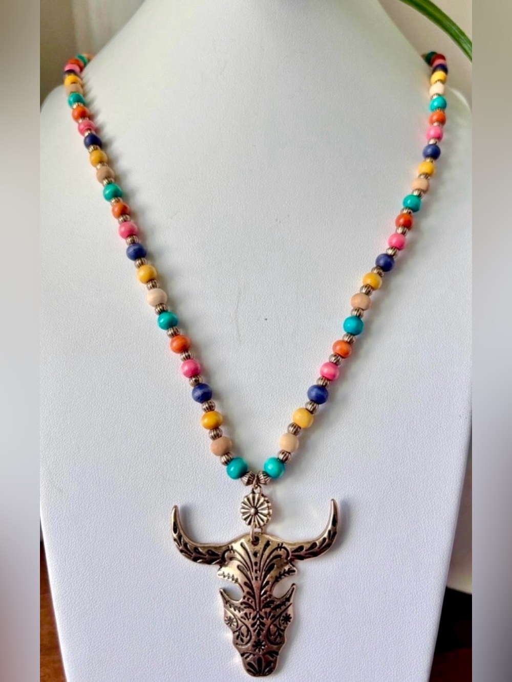 Influence Bullhead/Steer Skull antiqued goldtone charm,multicolor beaded,western